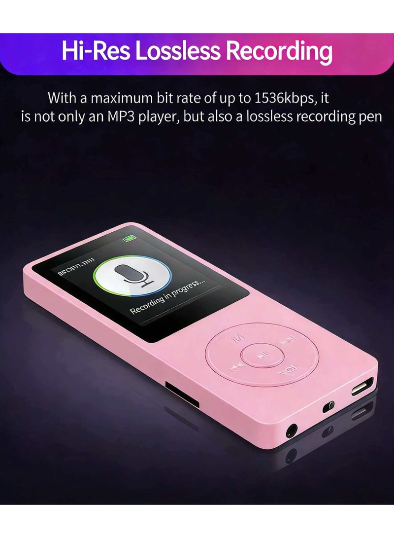 مشغل MP3 بلوتوث، سعة تخزين 128 جيجابايت، شاشة 1.8 بوصة، مكبر صوت مدمج، دعم راديو FM، تسجيل صوتي، متوافق مع الكتب الإلكترونية. مصمم للرياضة والجري، مشغل وسائط محمول (إصدار وردي) - Image 3